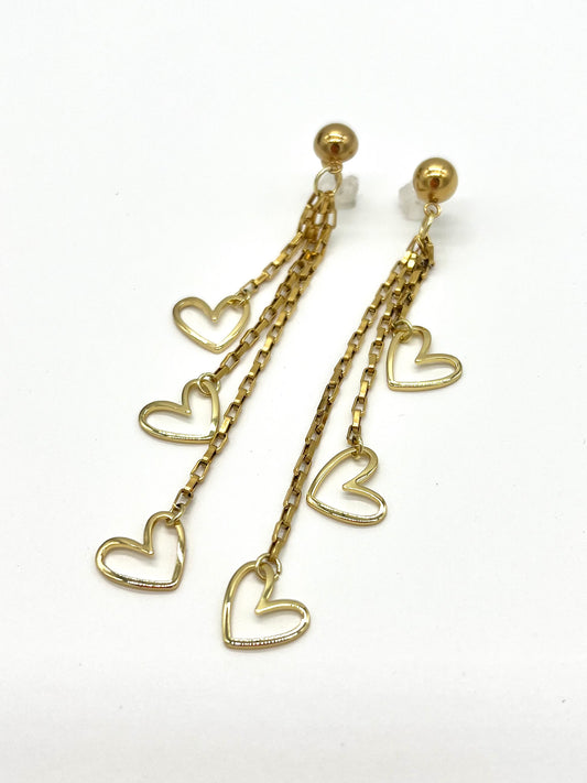 Triple Gold Heart Dangle Earrings