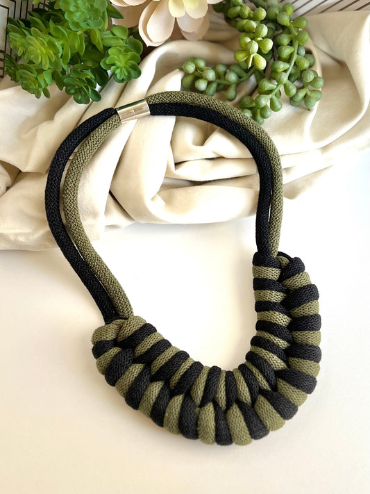 black & avocado textile necklace