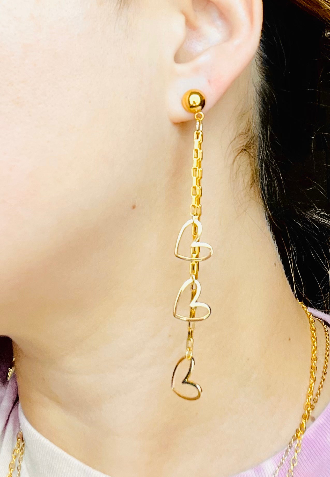 Triple Gold Heart Dangle Earrings