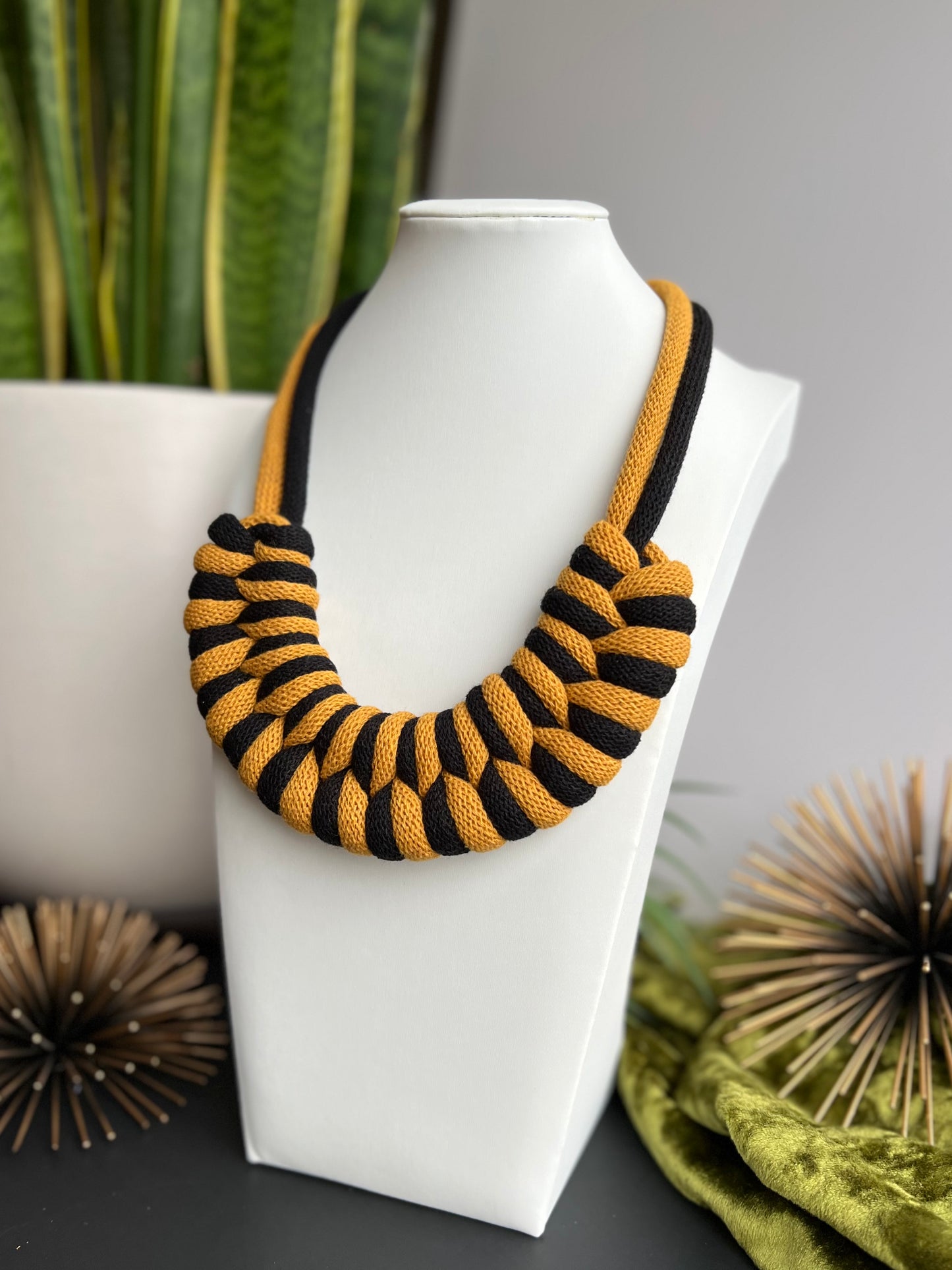 Black & Mustard yellow textile necklace